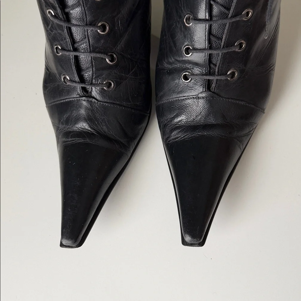 Gia Moretti leather pointed toe stiletto heel grommeted lace-up Boots Italian - Picture 7 of 17